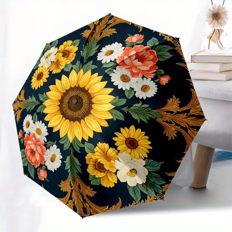 Floral Elegance Sunflower & Rose Umbrella - 3-Fold Compact Portable Automatic Open, 8-Rib Durable Design, Vibrant Floral Patte