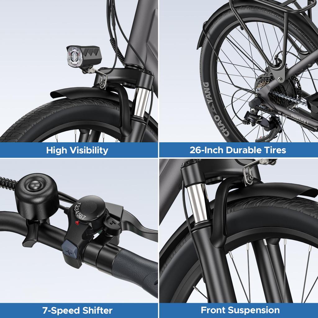 Hillmiles Milecity 1 Vélo Électrique Autonomie 80km Batterie Amovible 36V13Ah Moteur 250W Vélo Électrique de Ville 26 Pouces Vélotafeur Urbain EBike, Gris