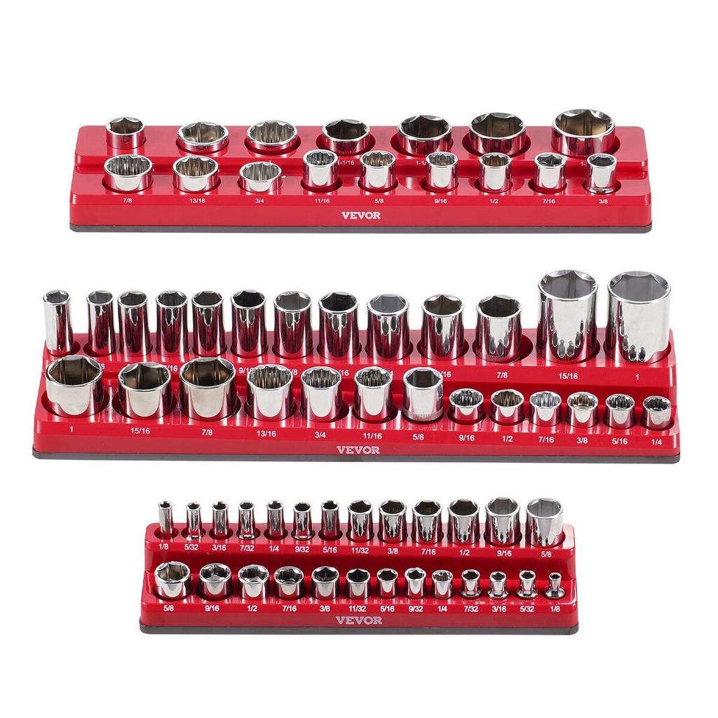 Magnetic Socket Organizer Set 3PCS Magnetic Socket Trays Red for SAE