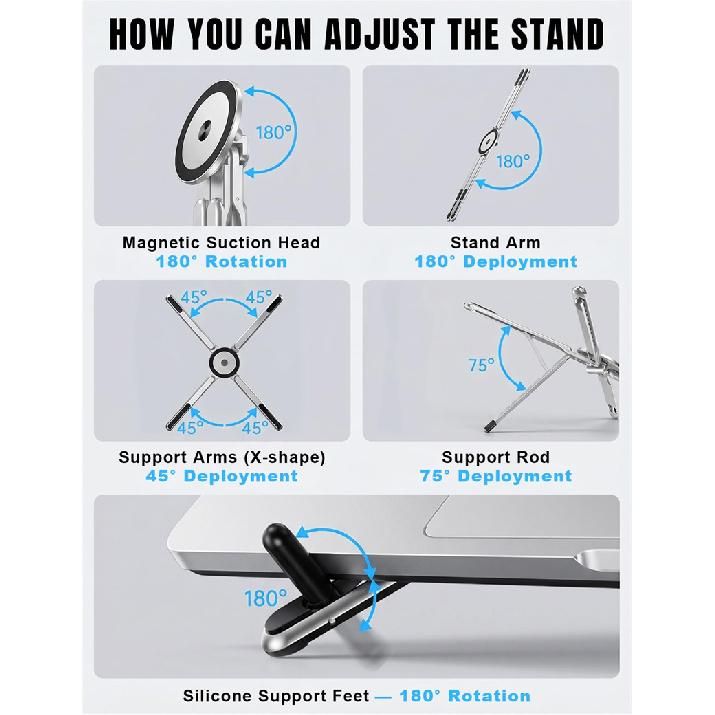 4 in 1 Foldable Laptop Stand Magnetic Phone Holder Aluminum Portable Desk Mount with Tripod Handle for Pro iPad Travel Vlogging 7