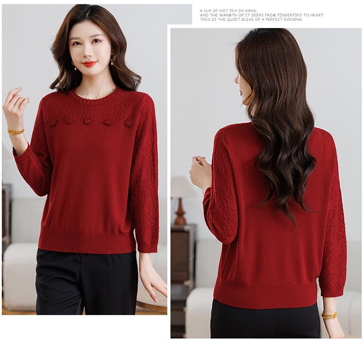 Mom's Spring Wool Sweater: Women's Round Neck Long Sleeve Knitwear - 2026 Fashion Loose, Age-Reducing Thin Top for Spring/Summer