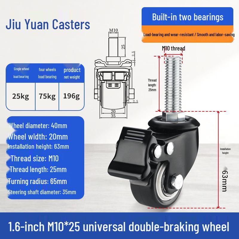 Black Heavy-Duty Swivel Casters with Brakes for Furniture, Cabinets & Industrial Use, Double Bearing Wheels