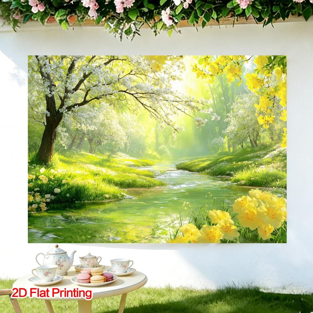 One Spring Flower and River View Photography Backdrop Fabric Made of Polyester Suitable for Room Decoration and Garden Use.
