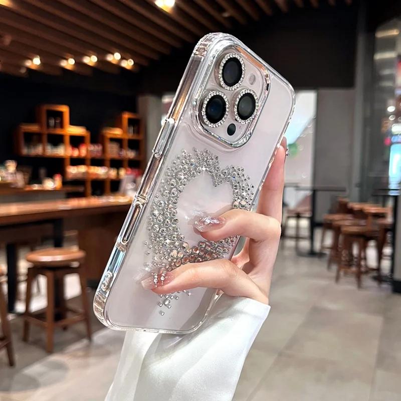 Luxury 3D Diamond Love Heart Phone Case For iPhone 17 Air 16 15 14 13 Pro Max Sparkling Rhinestone Clear Shockproof Bumper Cover