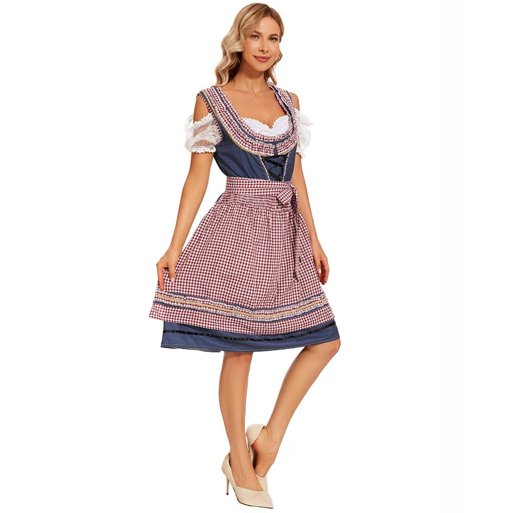 Traditional Bavarian Style Dress Oktoberfest Costume Women's Stage Performance Dress Maid Outfit with Apron and Lace Details