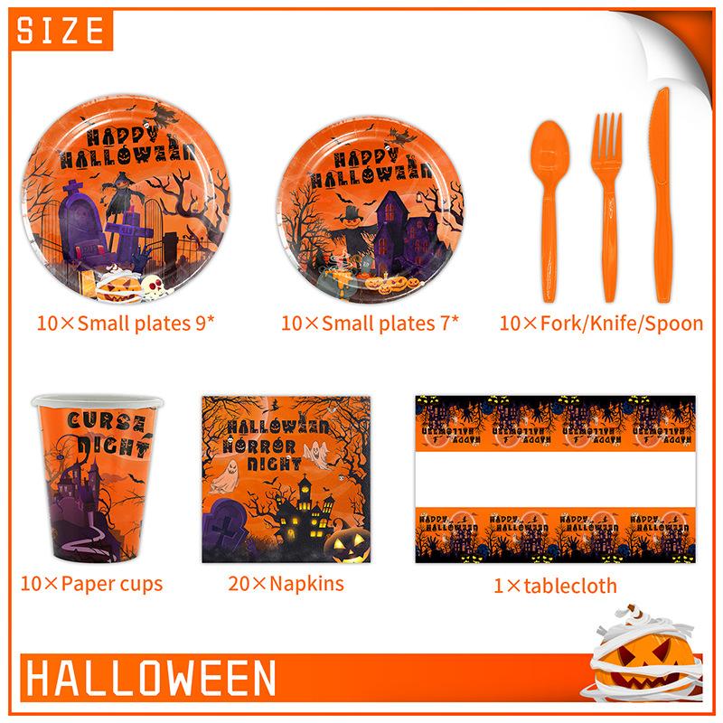 Halloween Disposable Tableware Set Orange Haunted House Pumpkin Ghost Print Tableware Kids Dinner Decor Supplies