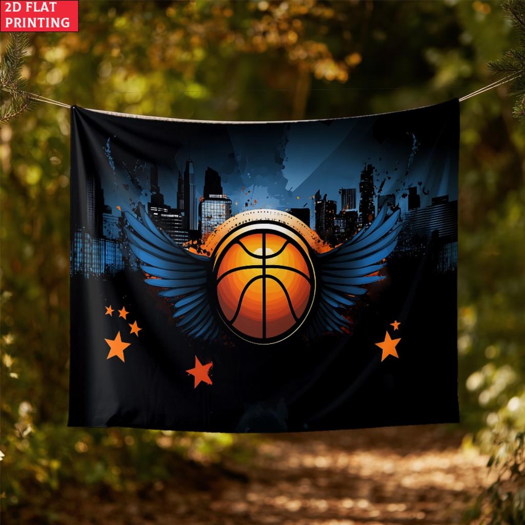 Basketball With Wings City Skyline Tapestry Wall Art Sports Fan Decor Urban Basketball Theme Bedroom Living Roomhanging Tapestry