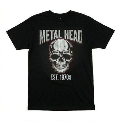 Metal Head Skull Graphic T-Shirt Retro 1970s Biker Heavy Metal Mens Black Tee