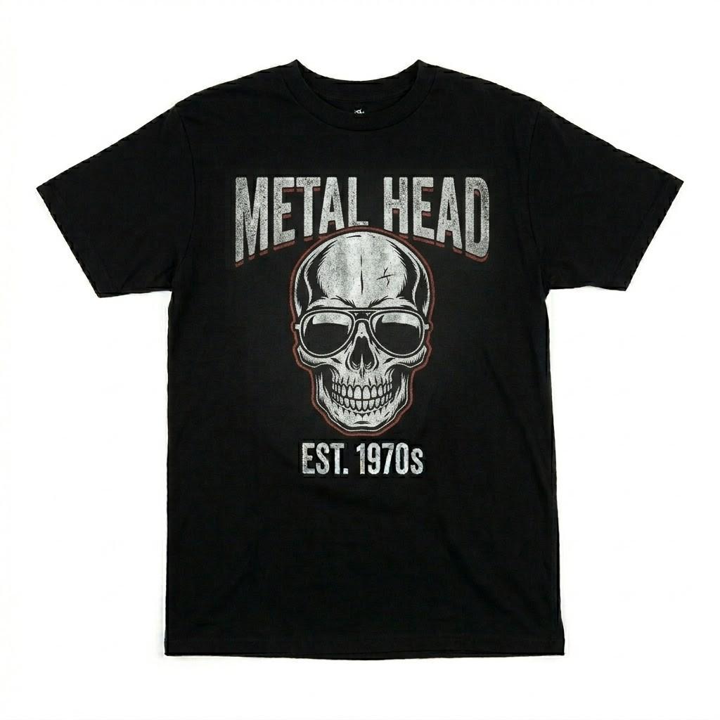 Metal Head Skull Graphic T-Shirt Retro 1970s Biker Heavy Metal Mens Black Tee Unisex T-Shirt XL