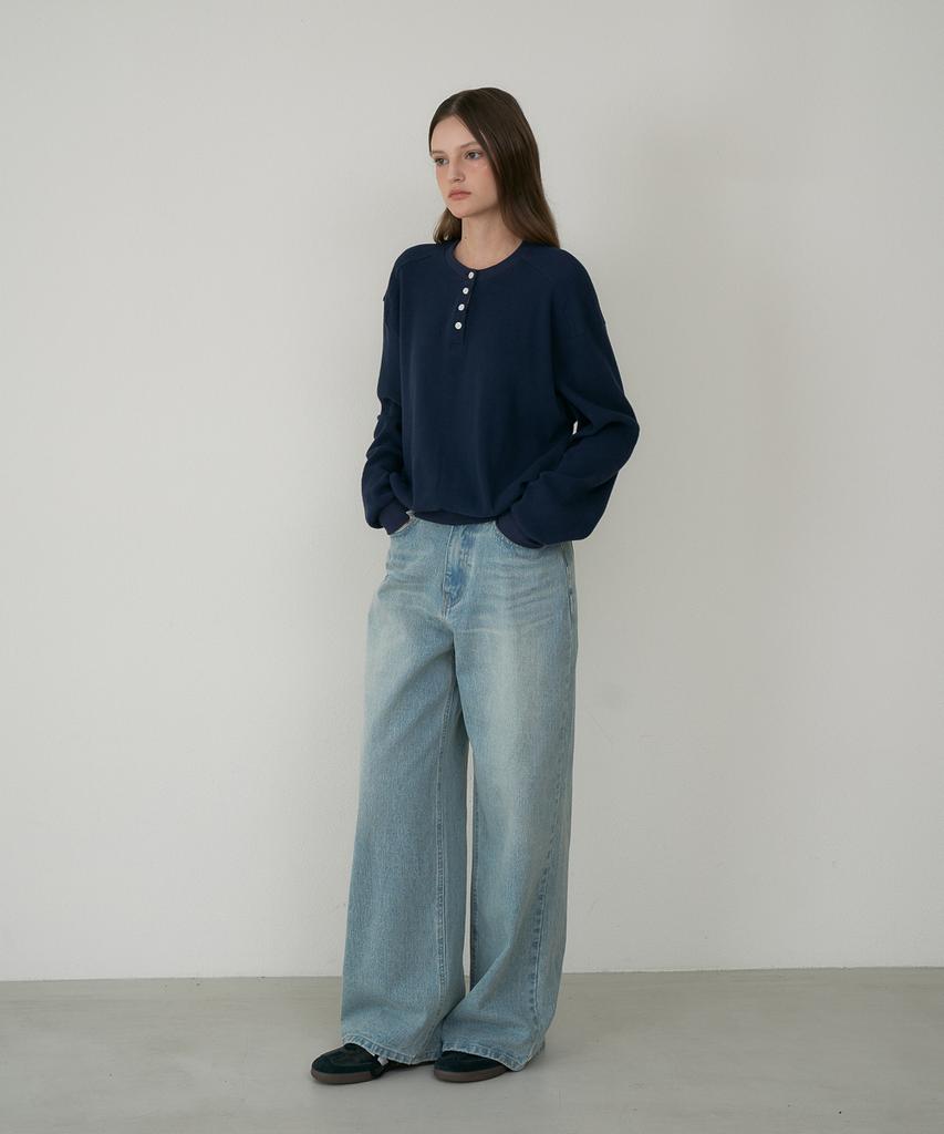 DEHEVE Check Henley-Neck Sweatshirt [Navy]