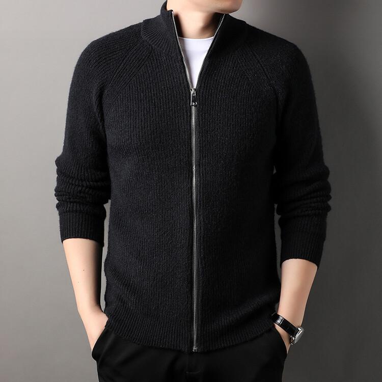 Spring And Autumn Men'S Stand-Collar Long Zipper Knit Cardigan, Solid Color Casual Versatile Sweater Jacket, Knit Cardigan For Men