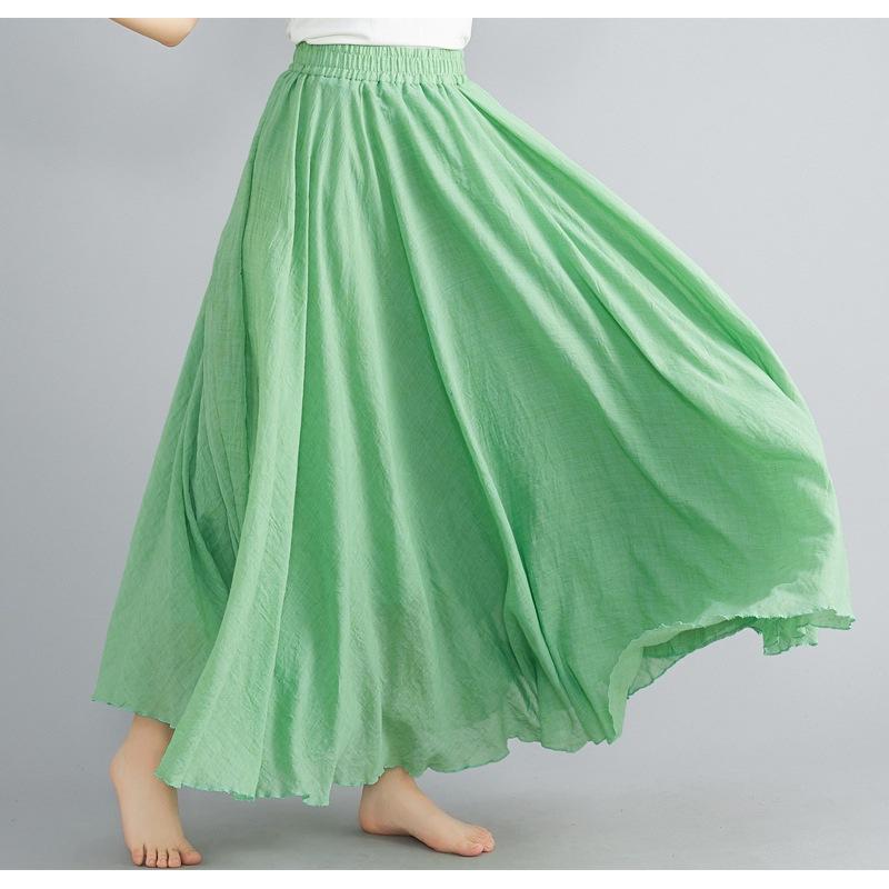 Women's Literary and Artistic Skirt Elastic Waist Linen A-line Skirt Long Solid Color Ethnic Style  Big Swing Skirt