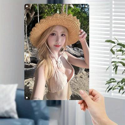 Retro Tin Poster Wall Decor2D Flat Metal Sign Plate - Humorous Beach-Themed Wall Art with Straw Hat & Bikini