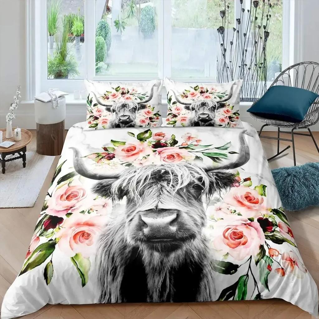 Cow Sunflower Bull Cattle Smoky Mountain Western Comfortable Duvet Cover Pillowcase Bedding Set Children Bedroom Decoration