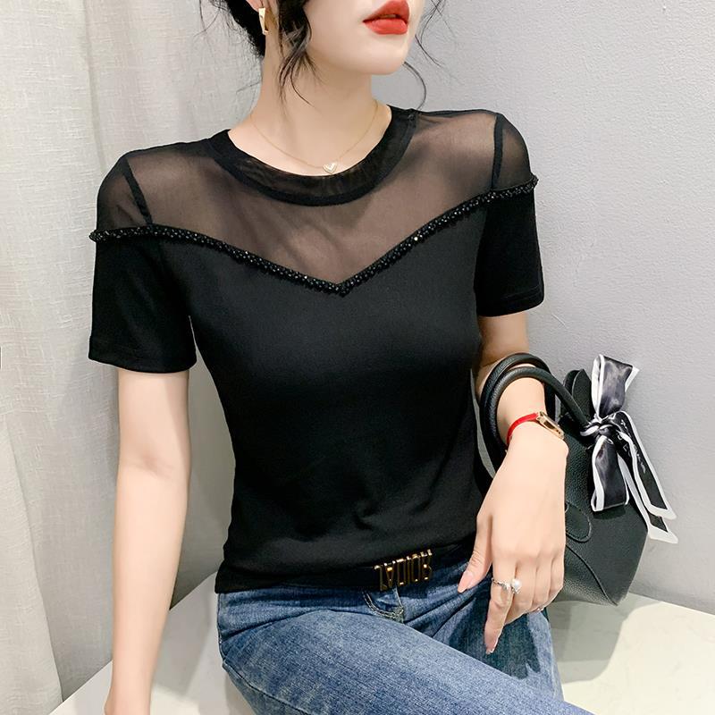 

Европейская женская футболка с коротким рукавом, расшитая бисером и сеткой, лето 2023 3XL чёрный