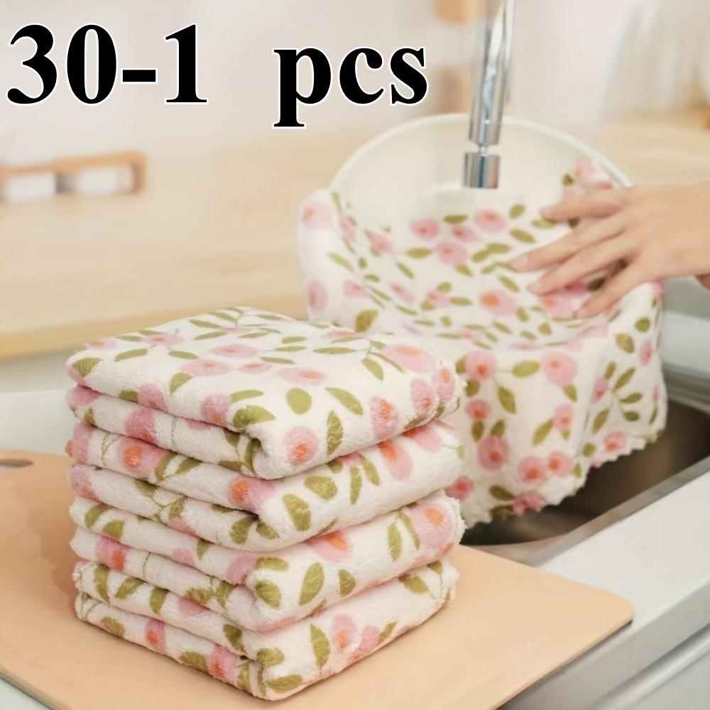 30/1 Pack Purple Pink Floral Kitchen Cloths, Thick Large Oil-proof Water Absorbent Dish Towels Household Cleaning Wipes