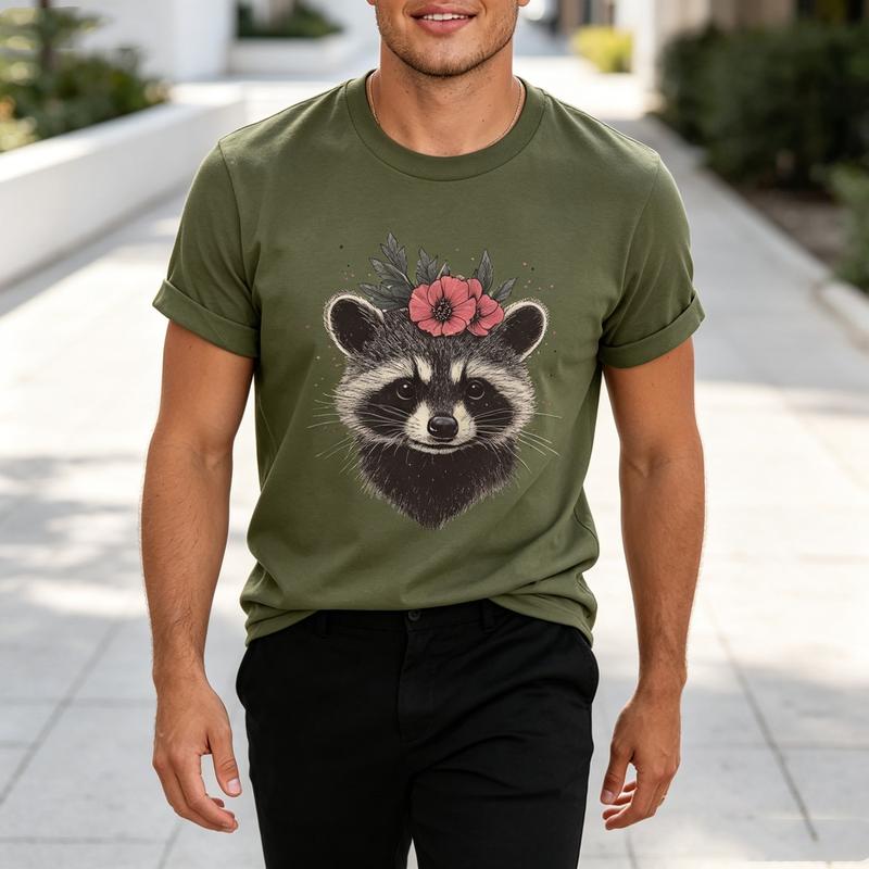 Raccoon Flowers Unisexs TShirt Woodland Animal Graphic Tee 100Cotton Oversized T Shirt