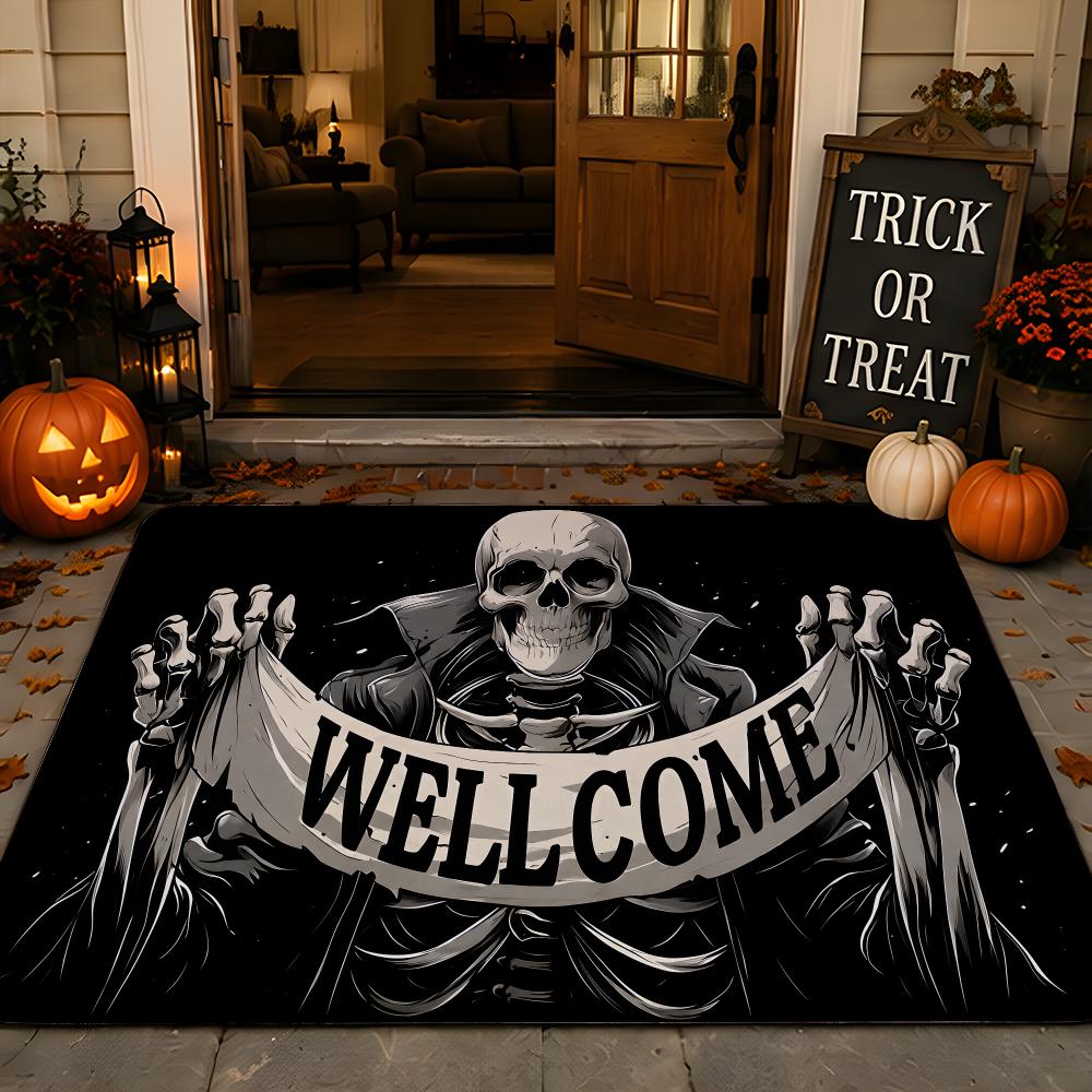 Dark Skeleton Halloween Banner Signs Floor Mat Festive Decorative Flannel Non-Slip Washable Mat for Entry & PartyParty-Ready