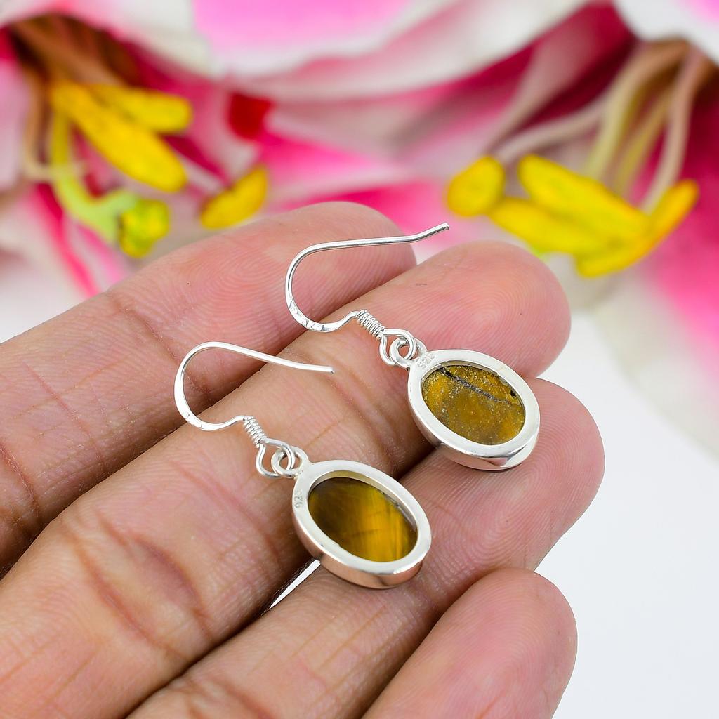 Natural Tiger's Eye Gemstone 925 Solid Sterling Silver Gift Earring 1.25" Q6b95
