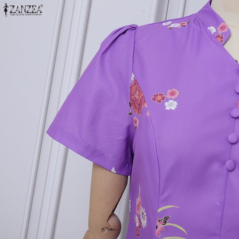 ZANZEA Women Casual V-Neck Short Sleeve Summer Floral Print Dress