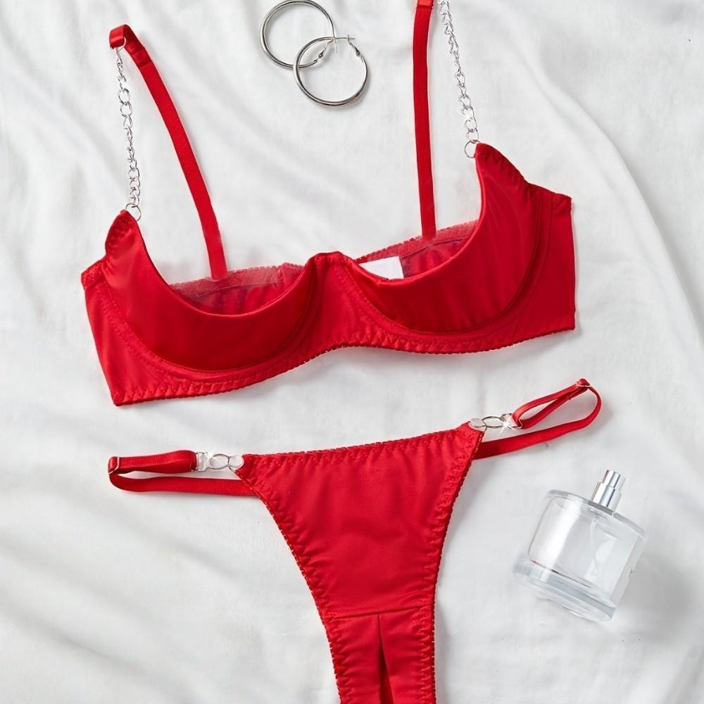 Hollow Lingerie Suit Chains Open Crotch Thong Sweet Bra Briefs Set Valentine's Day