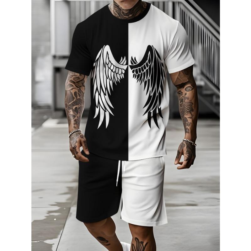 Fashionable Men's Summer Striped Print Micro Elastic Breathable Round Neck T-shirt Shorts Set Outdoor Casual Two-piece Set