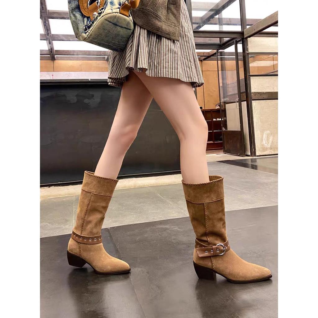 2025 New Vintage Brown Coarse Heel Belt Buckle Pointed Western Cowboy Boots Women's Medium Knight Boots Long Boots
