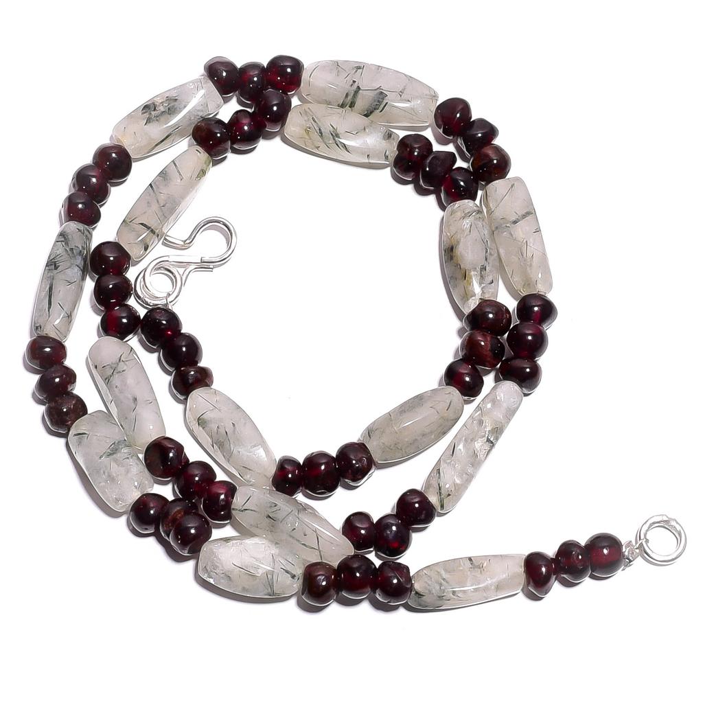 Natural Rutile Quartz Garnet Gemstone Smooth Beads Necklace 17" UB-5050 UB-5050