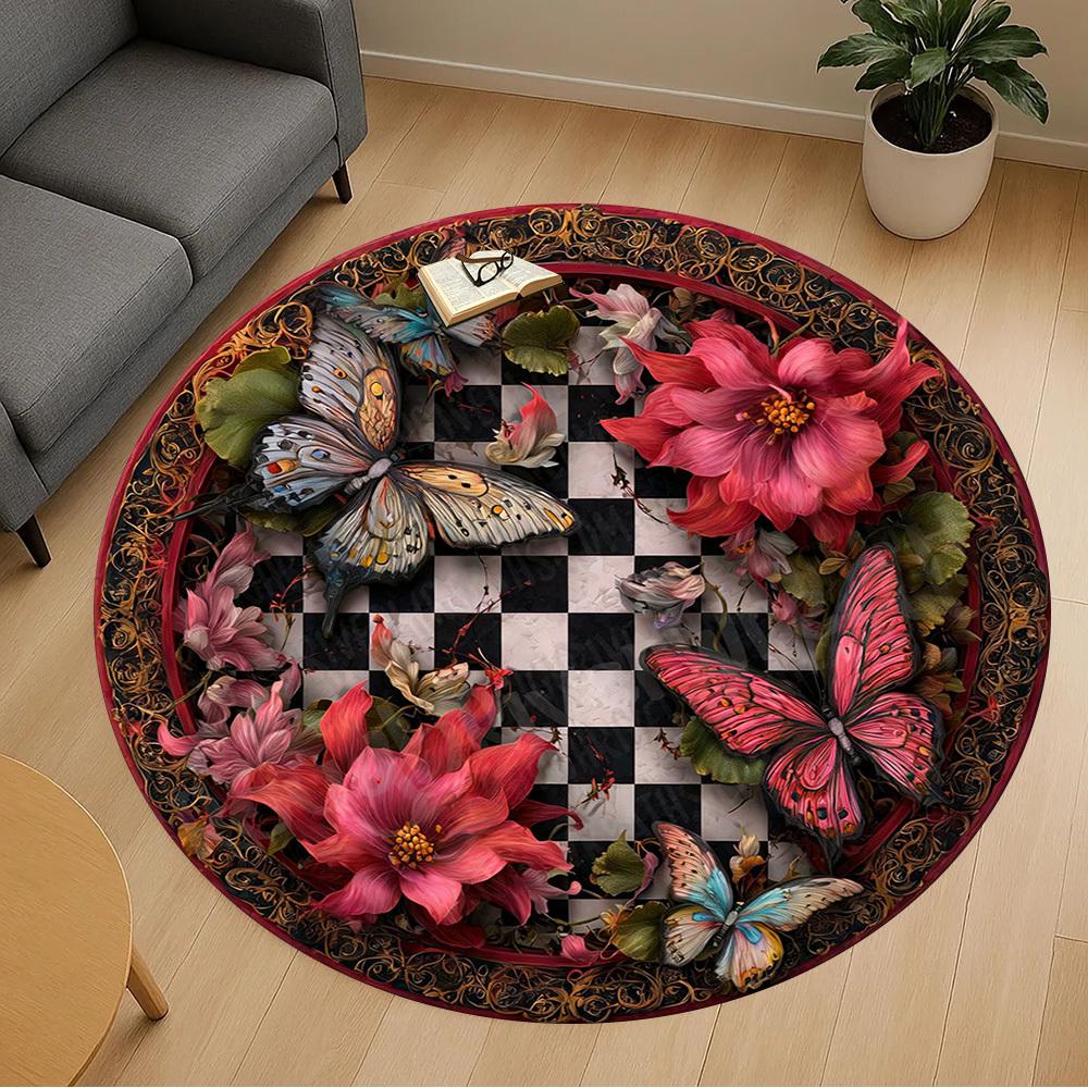 1PC butterfly flowers Office Round Area Rug, Under Office Chairs Bedroom Living Room Home Decor, Carpet for Office -1110142