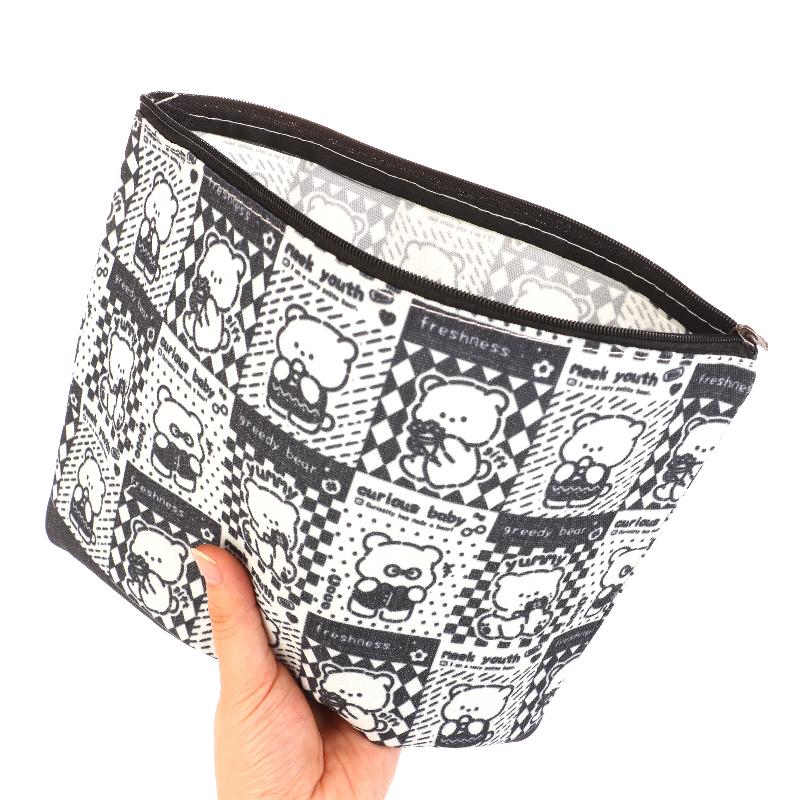 Cute Black Plaid Bear Cosmetic Bag Cartoon Clutch Makeup Bag Travel Toiletry Bag Large Capacity Storage Pouch Coin Purse Gifts