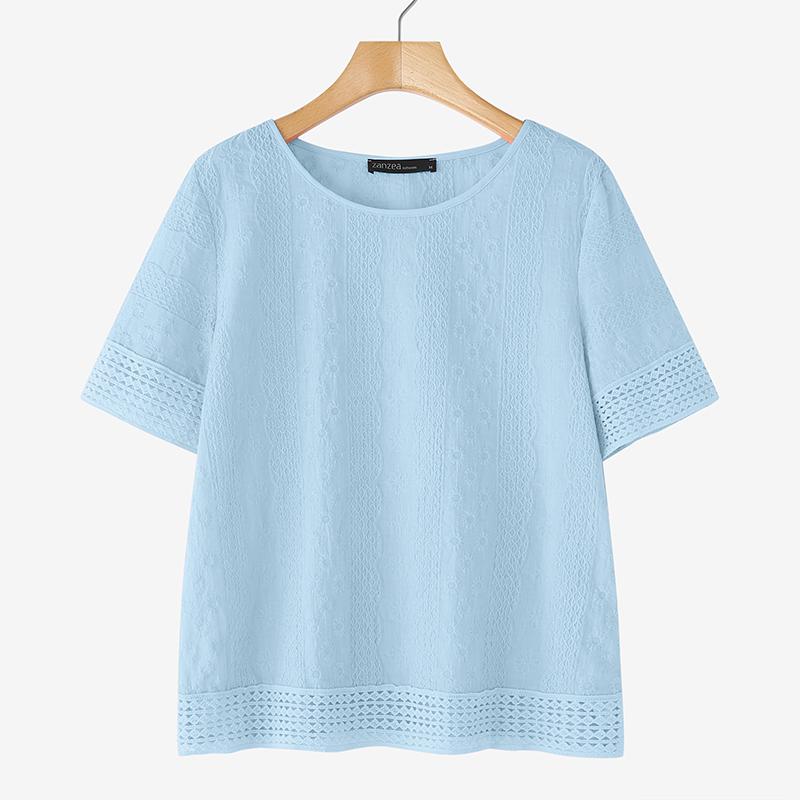 

ZANZEA Женская повседневная блузка с круглым вырезом, короткими рукавами и кружевной отделкой M