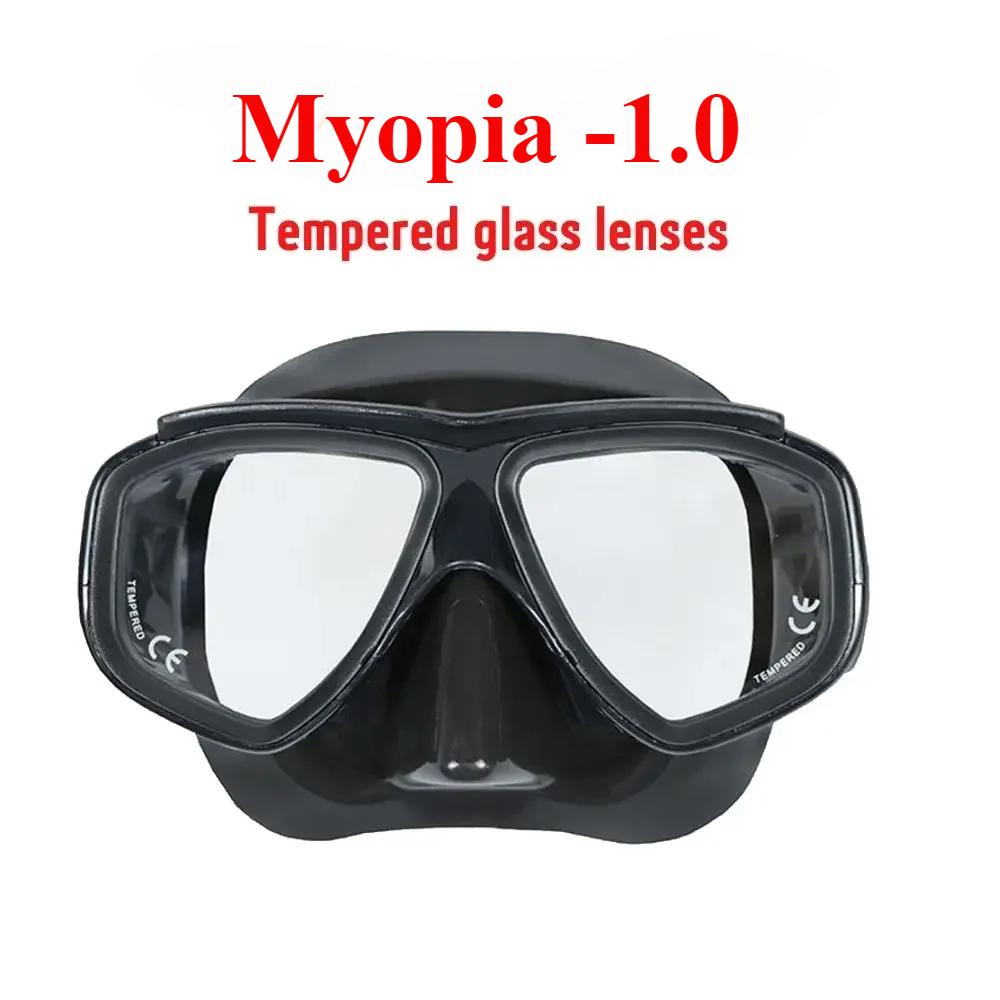Masca de scufundări cu dioptrii pentru adulți Miopie cu sticlă securizată Spray antiaburire, Fustă din silicon, Negru transparent