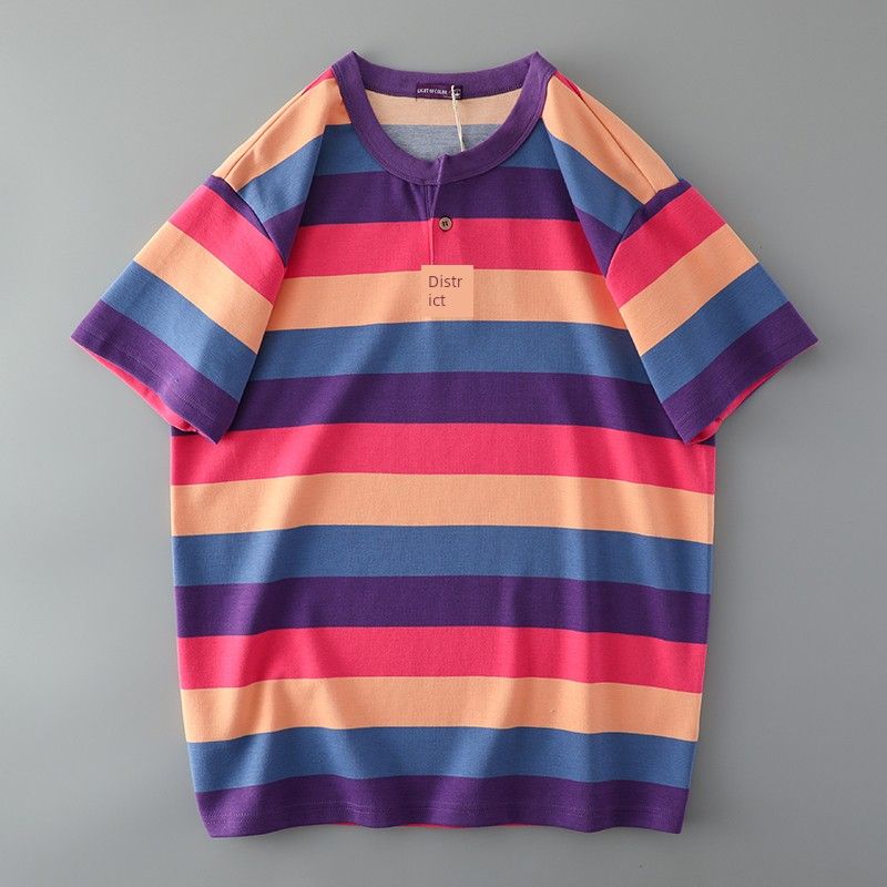 American Retro Henley Shirt Men Heavy Weight Pure Cotton Minimalist Henry Collar Stripes Short Sleeve T-shirt Export Menswear T-shirt