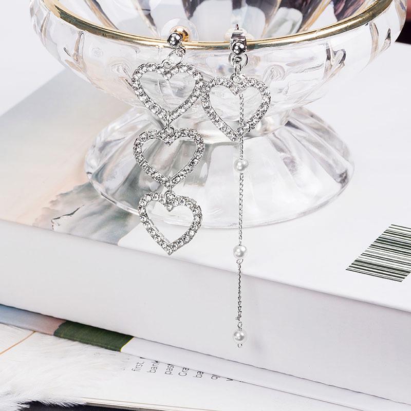 Asymmetrical Heart Rhinestone & Pearl Stud Earrings - 925 Sterling Silver Needle, Korean Style Fashion for Women