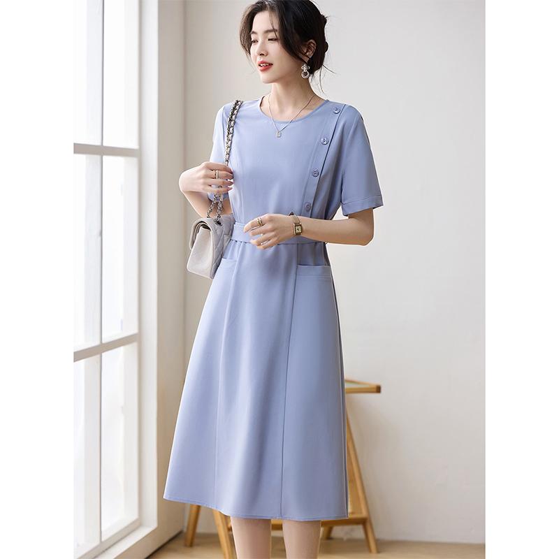 2025 Summer Reduced Age Round Neck Commuting Design with a Concealed Waist and Medium Length Dress for Women