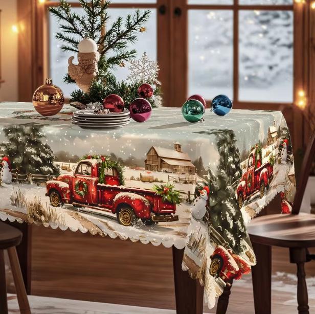 Vintage Winter Wonderland Christmas Tablecloth with Santa Reindeer & Snowman Patterns - Rectangular Table Cover