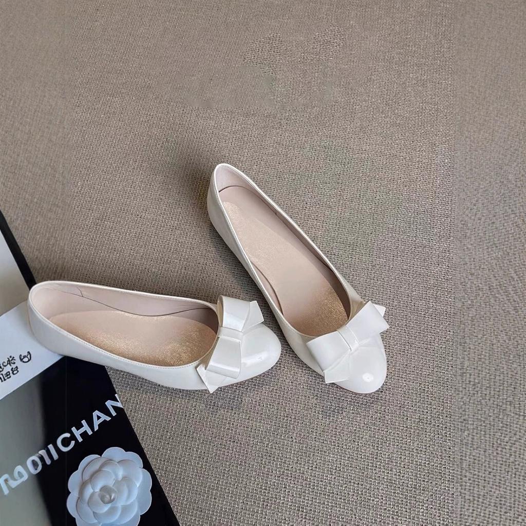 New Cowhide Version French Bow Flat-soled Single Shoes Women's Round Head Inner Height Increase Pedal Versatile Mary Jane Shoes