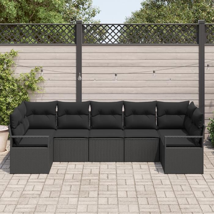 Ensemble de canapé de jardin 7 pièces avec coussins en poly rattan noir, Canapé de jardin 2 places avec coussins en poly 3346533