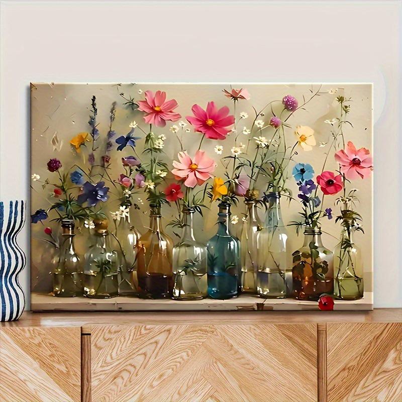 Colorful Floral Canvas Art & Mason Jar Wall Décor: Blue, Pink, Yellow, Purple Bouquet