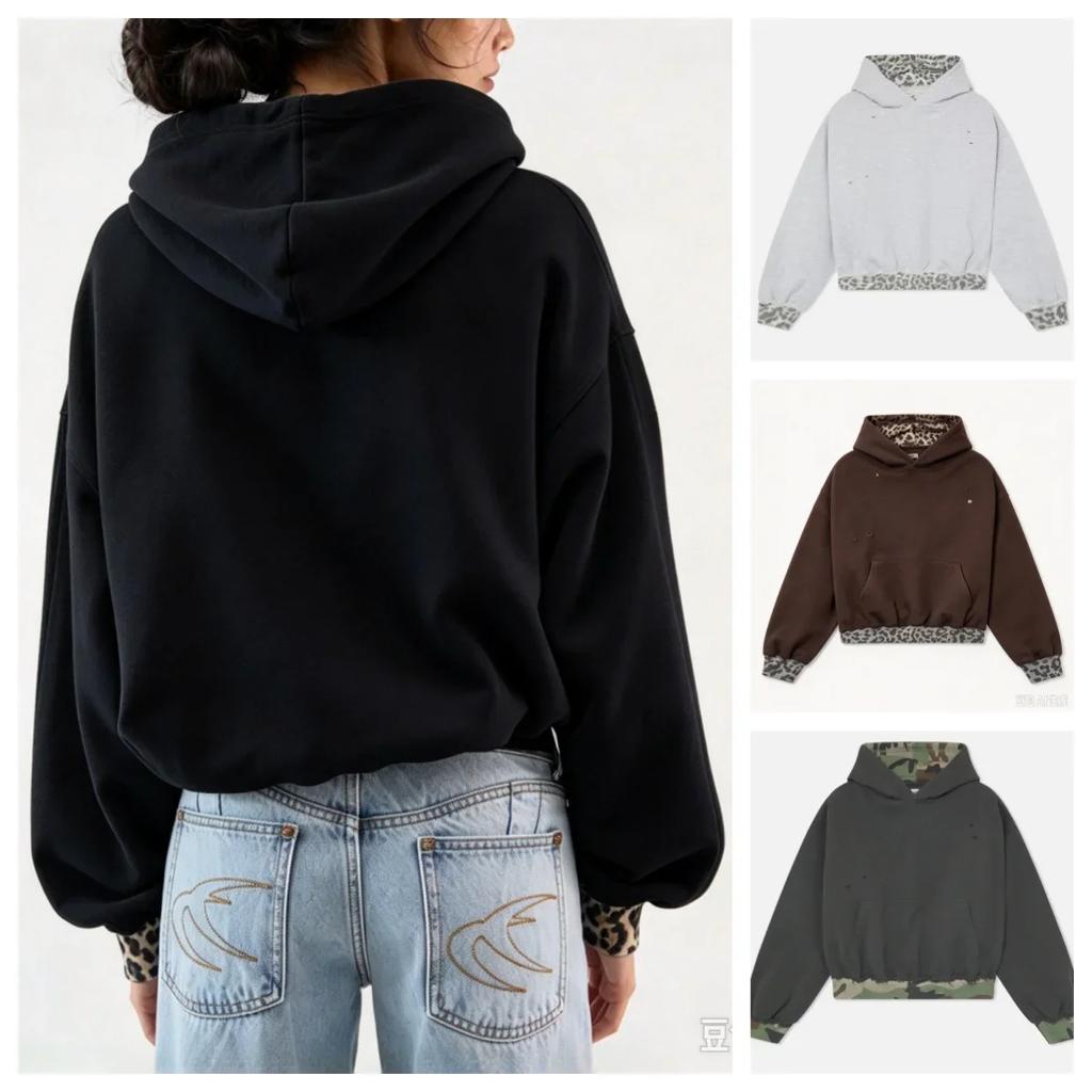 Y2k Vintage Two-in-one Leopard Print Hoodie Women Contrast Full Sleeved Dropped Shoulder Loose Hooded Sweatshirt Winter Hoodies