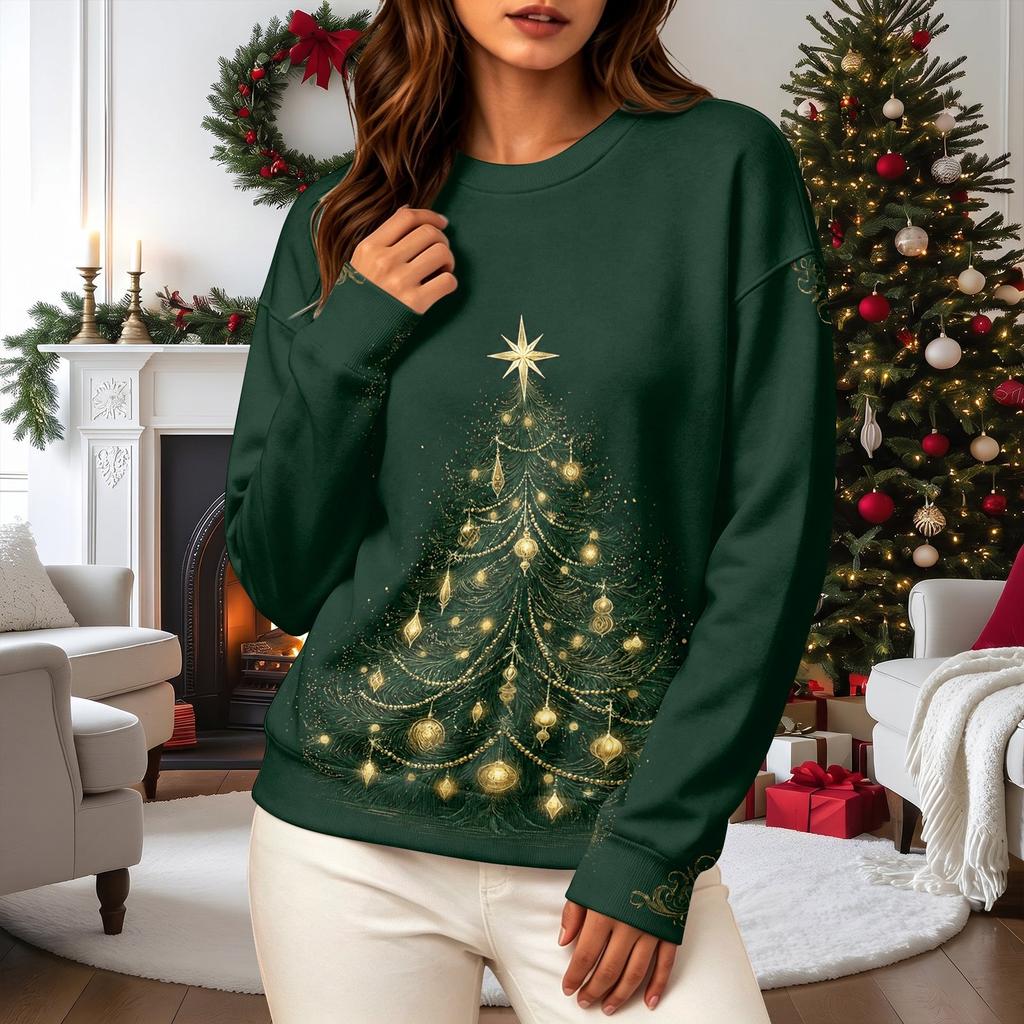 Women's Casual Long Sleeve Christmas Print Neck Pullover Sweatshirt Top