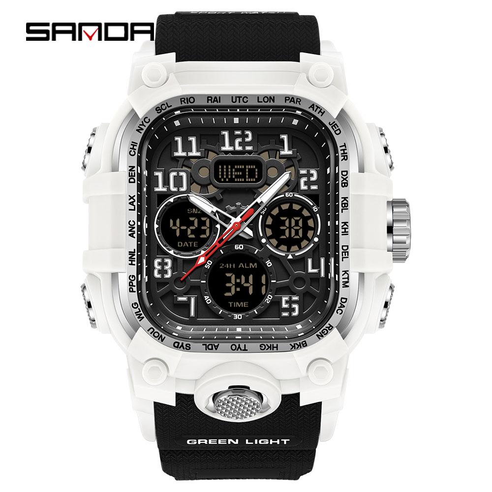SANDA Men's Outdoor Sport Wristwatch Big Dial Dual Display Luminous Waterproof TPU Band Chronograph Calendar Male Watch