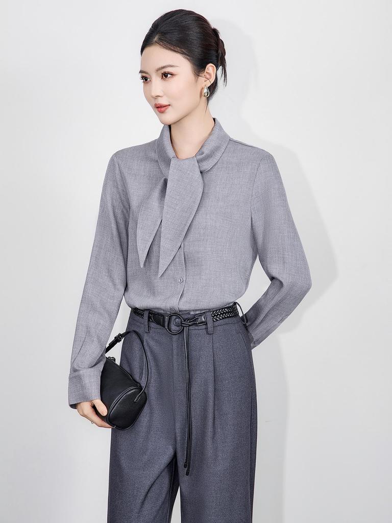 Tencel Wool Rabbit Ear Collar Lace-up Long Sleeve Women's Shirt for Autumn/Winter