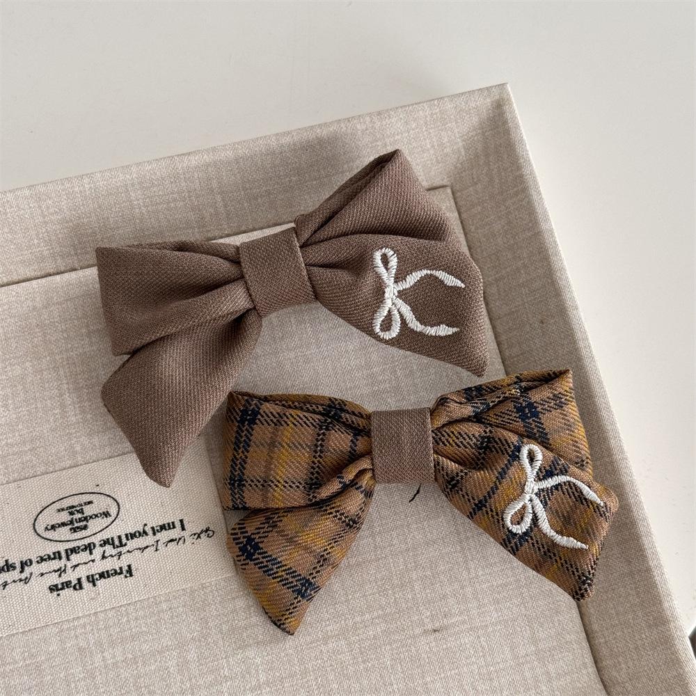 Milk Coffee Plaid Embroidered Bow Hairpin Sweet and Cute BB Clip Versatile Texture Side Clip Hair Accessories