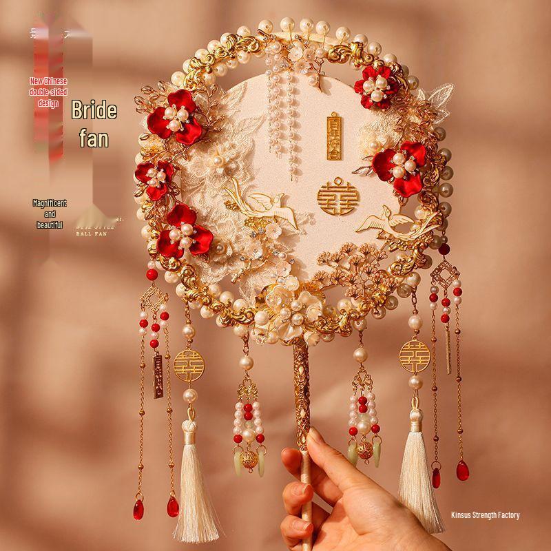 Ancient Style Double Circle Champagne Bride Fan - Handmade Chinese Xiuhe Wedding Fan DIY Material Pack