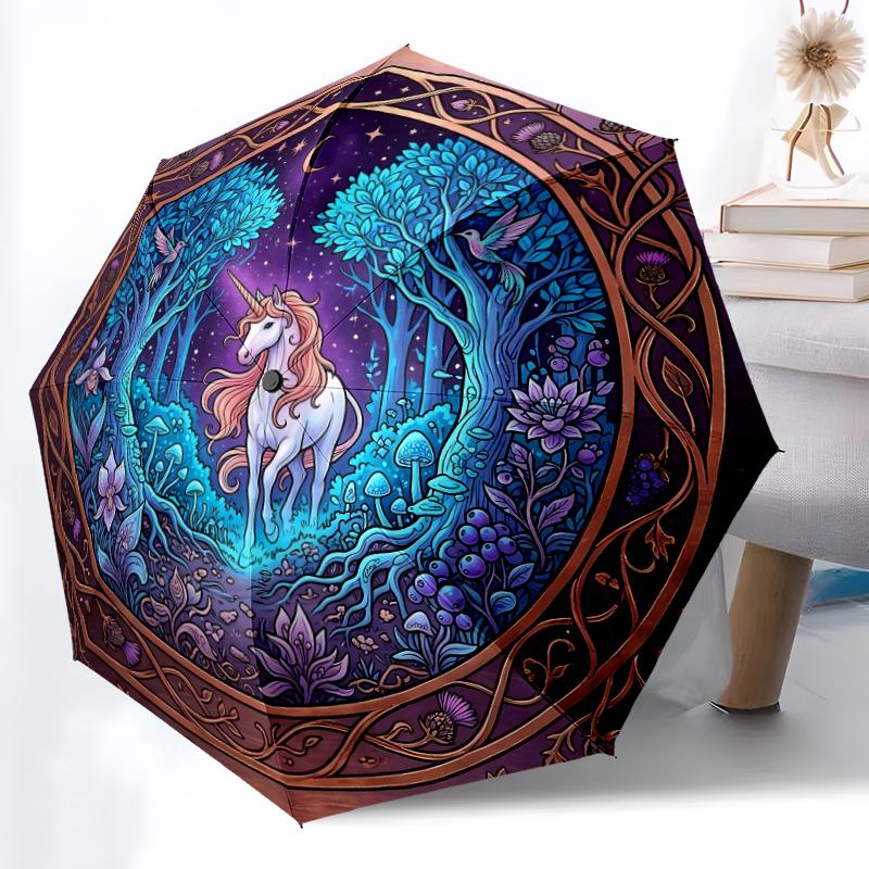 1pc Sturdy 8-Bone Auto Umbrella, Starry Night Pink Mane Unicorn Umbrella, Digital Printed, Foldable Umbrella for On-the-Go Outdoor Use