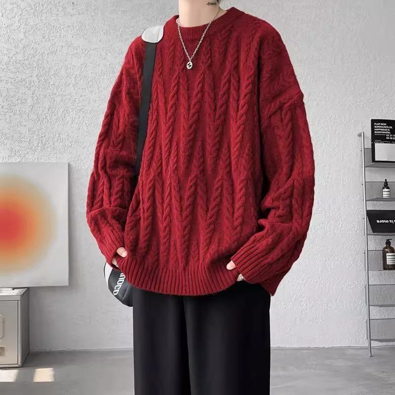 Men's Plus Size Year of the Horse Cable Knit Sweater - Wine Red Niche Design