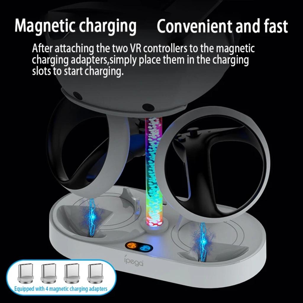 Magnetic RGB Charging Stand for PS5 Console & PS VR2, Dual Controller Charger with Headset  Glasses Storage Holder