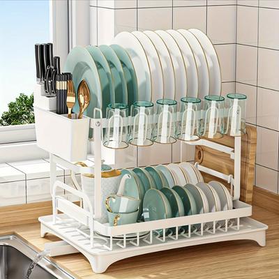 Dish Drying Rack, 2-Tier Carbon Steel Large Dish Rack With Drainboard Set For Sink, Space-Saving Rustproof Kitchen With Holder