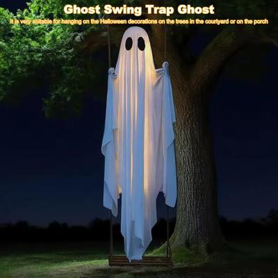 Halloween Glowing White Ghost LED Hanging Swing Ghost Horror Props with Fairy Light Indoor Outdoor Haunted House Halloween Decor